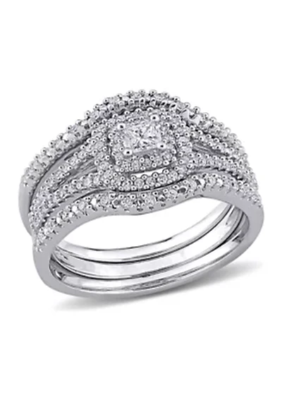 1/2 CT TW Princess Cut and Round Diamond Halo Split Shank Bridal Set Sterling Silver