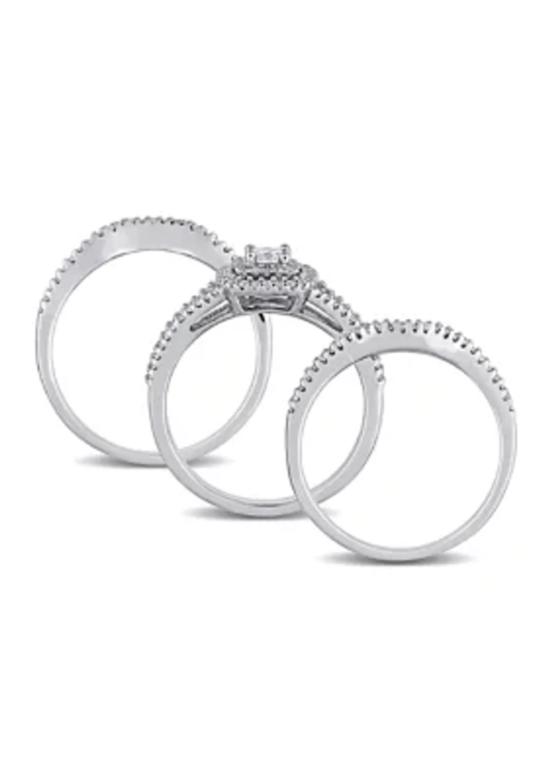 1/2 CT TW Princess Cut and Round Diamond Halo Split Shank Bridal Set Sterling Silver
