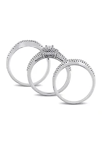 1/2 CT TW Princess Cut and Round Diamond Halo Split Shank Bridal Set Sterling Silver