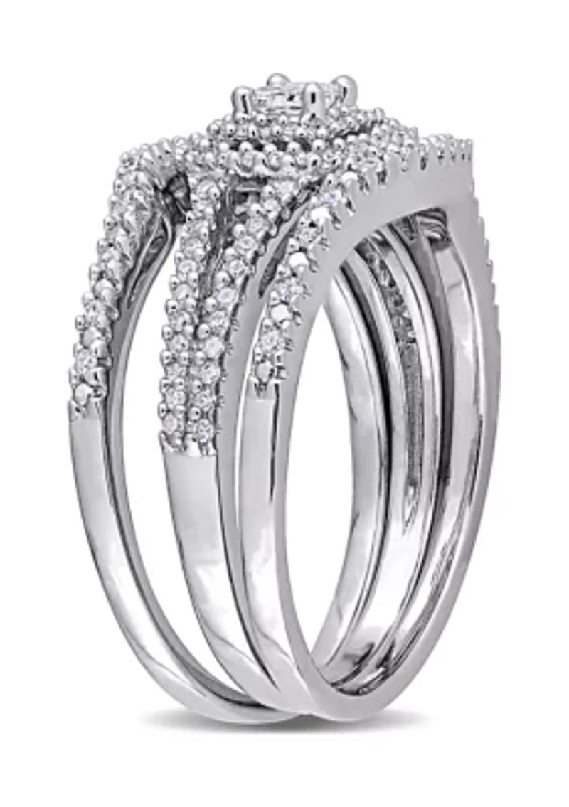 1/2 CT TW Princess Cut and Round Diamond Halo Split Shank Bridal Set Sterling Silver