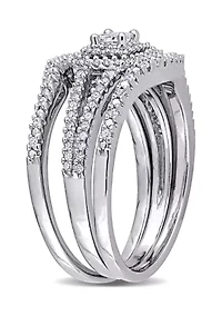 1/2 CT TW Princess Cut and Round Diamond Halo Split Shank Bridal Set Sterling Silver
