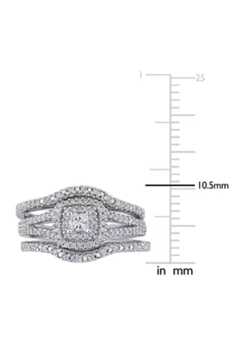 1/2 CT TW Princess Cut and Round Diamond Halo Split Shank Bridal Set Sterling Silver