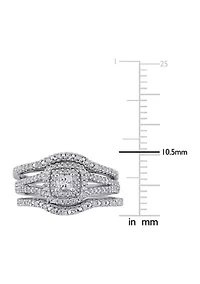 1/2 CT TW Princess Cut and Round Diamond Halo Split Shank Bridal Set Sterling Silver