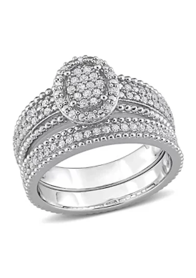 1/3 CT TDW Diamond Oval Shape Cluster Bridal Set Sterling Silver