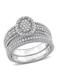 1/3 CT TDW Diamond Oval Shape Cluster Bridal Set Sterling Silver