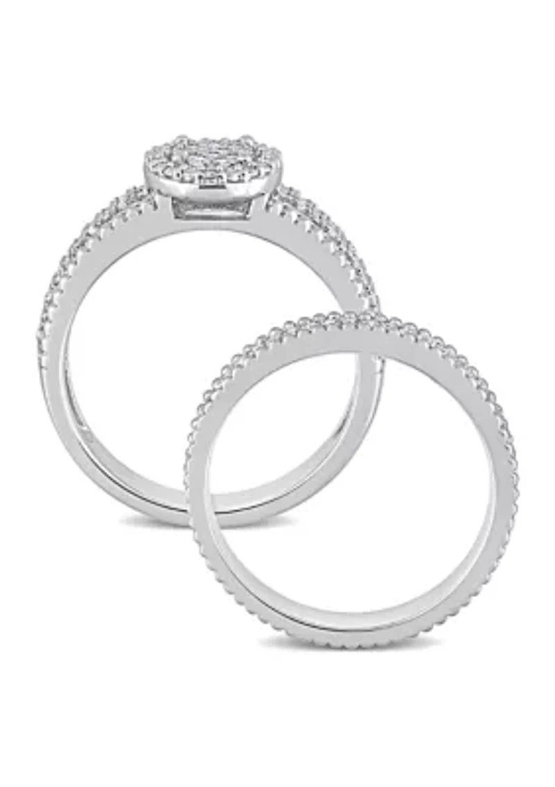 1/3 CT TDW Diamond Oval Shape Cluster Bridal Set Sterling Silver