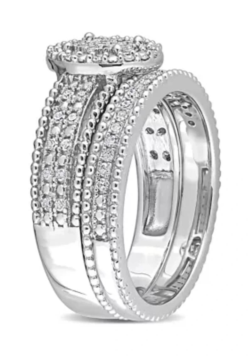 1/3 CT TDW Diamond Oval Shape Cluster Bridal Set Sterling Silver