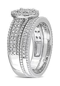 1/3 CT TDW Diamond Oval Shape Cluster Bridal Set Sterling Silver