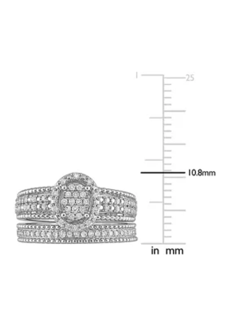 1/3 CT TDW Diamond Oval Shape Cluster Bridal Set Sterling Silver