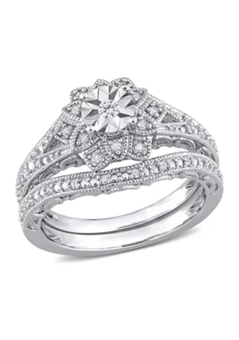 1/5 CT TW Diamond Vintage Bridal Set Sterling Silver