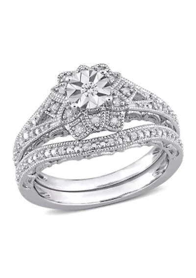 1/5 CT TW Diamond Vintage Bridal Set Sterling Silver