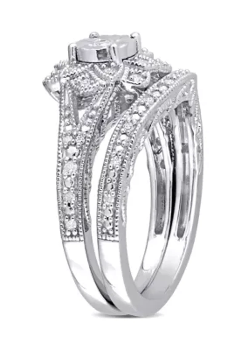 1/5 CT TW Diamond Vintage Bridal Set Sterling Silver