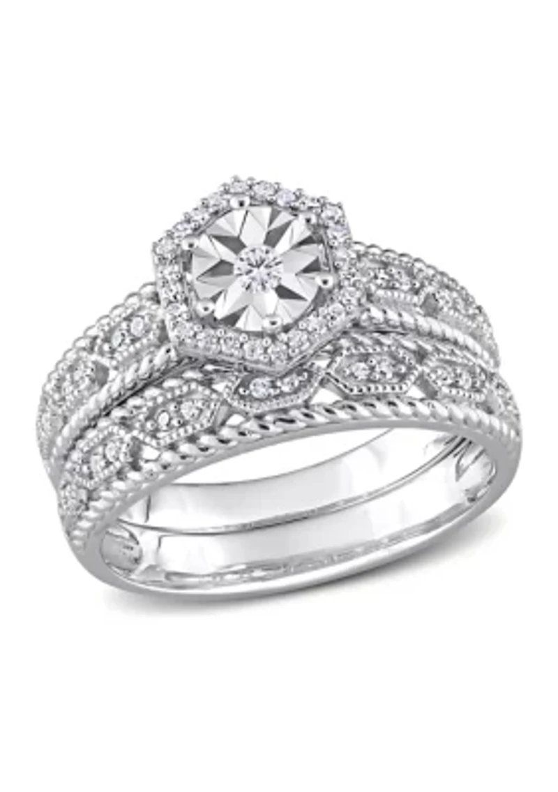 1/4 CT TW Diamond Hexagon Halo Bridal Ring Set Sterling Silver
