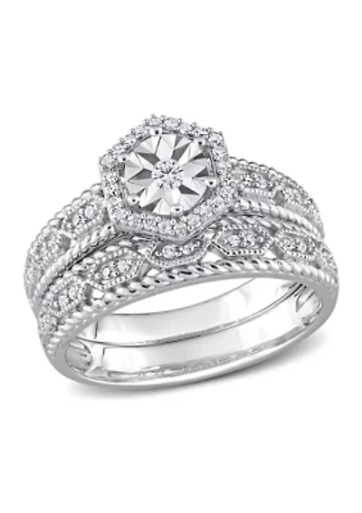1/4 CT TW Diamond Hexagon Halo Bridal Ring Set Sterling Silver