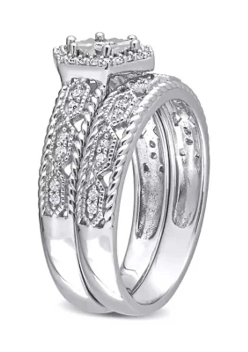 1/4 CT TW Diamond Hexagon Halo Bridal Ring Set Sterling Silver