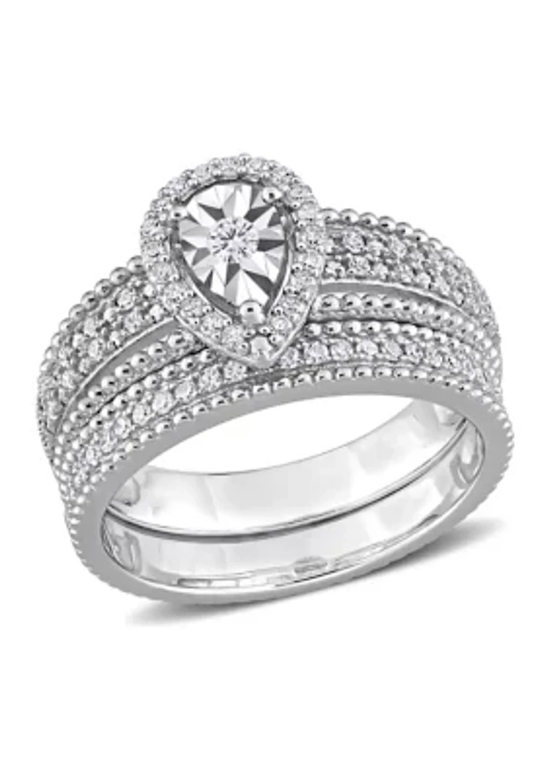 1/3 CT TW Diamond Teardrop Halo Bridal Set Sterling Silver