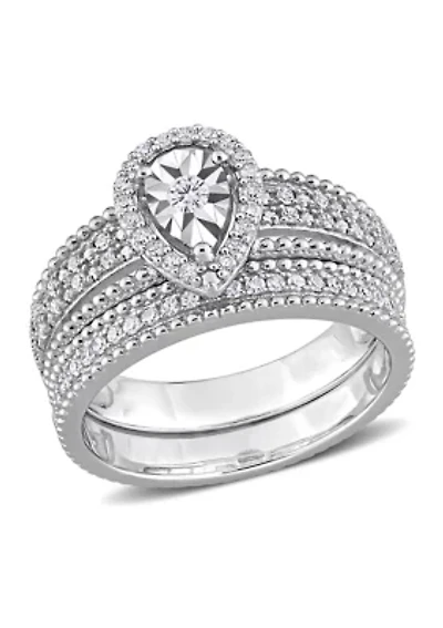1/3 CT TW Diamond Teardrop Halo Bridal Set Sterling Silver