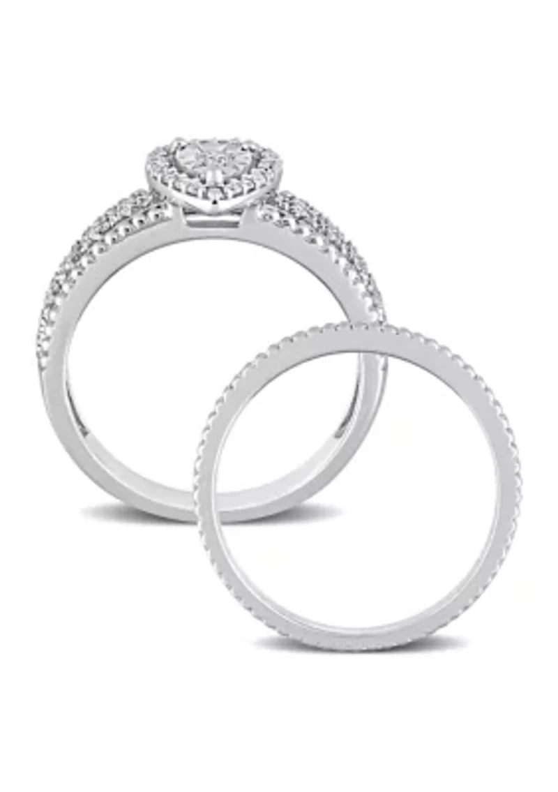 1/3 CT TW Diamond Teardrop Halo Bridal Set Sterling Silver