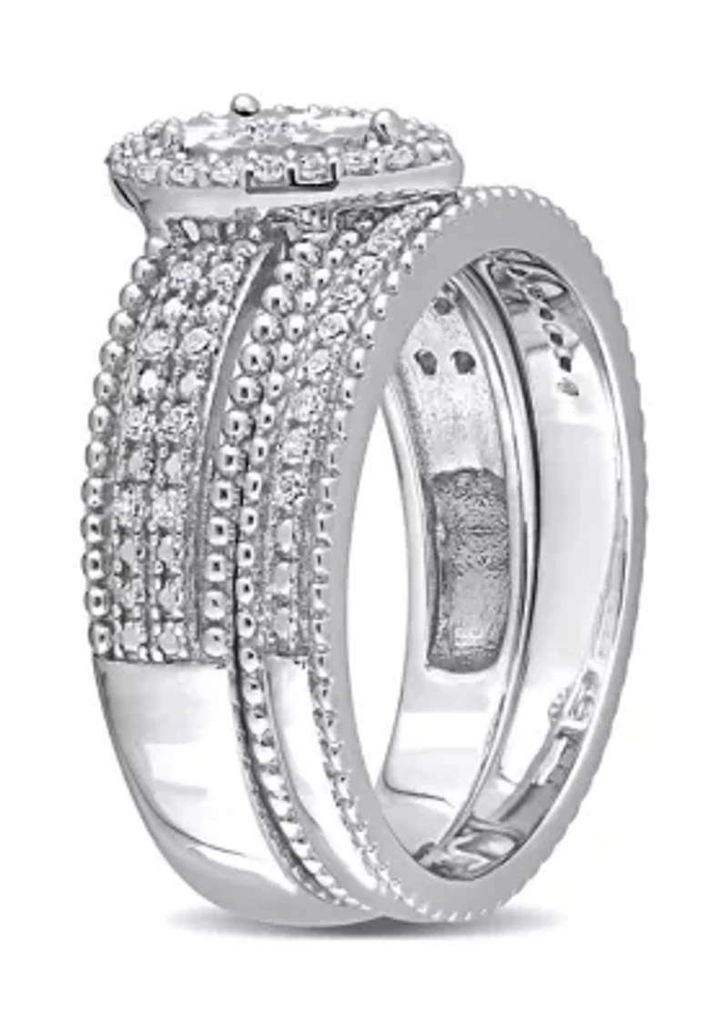 1/3 CT TW Diamond Teardrop Halo Bridal Set Sterling Silver