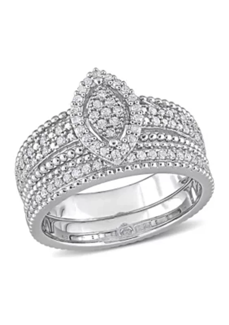 1/3 CT TDW Diamond Marquise Shape Cluster Bridal Set Sterling Silver