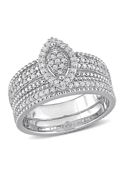 1/3 CT TDW Diamond Marquise Shape Cluster Bridal Set Sterling Silver