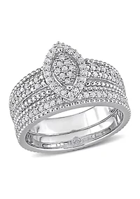 1/3 CT TDW Diamond Marquise Shape Cluster Bridal Set Sterling Silver