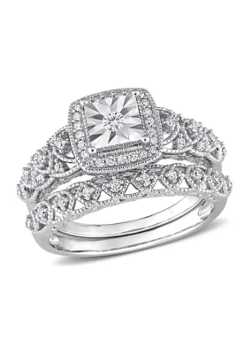 1/3 CT TW Diamond Square Halo Bridal Ring Set Sterling Silver