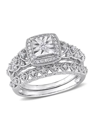 1/3 CT TW Diamond Square Halo Bridal Ring Set Sterling Silver