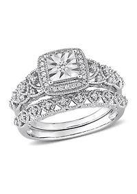 1/3 CT TW Diamond Square Halo Bridal Ring Set Sterling Silver