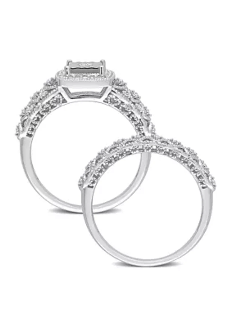 1/3 CT TW Diamond Square Halo Bridal Ring Set Sterling Silver