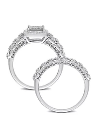 1/3 CT TW Diamond Square Halo Bridal Ring Set Sterling Silver