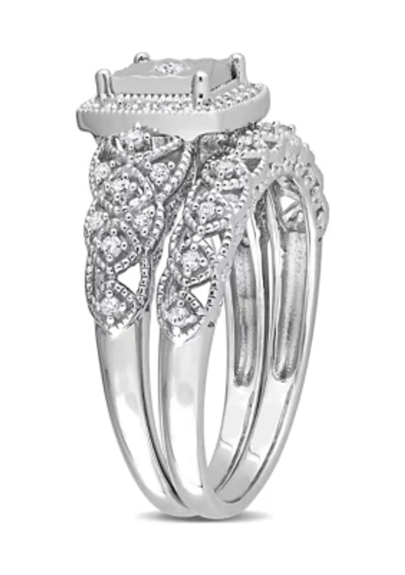 1/3 CT TW Diamond Square Halo Bridal Ring Set Sterling Silver