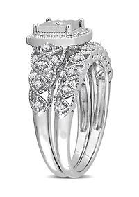 1/3 CT TW Diamond Square Halo Bridal Ring Set Sterling Silver