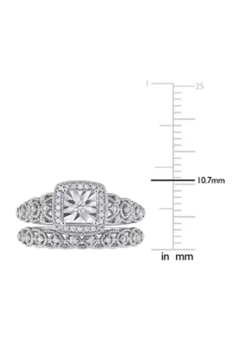 1/3 CT TW Diamond Square Halo Bridal Ring Set Sterling Silver
