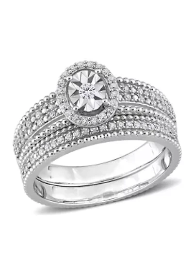 1/3 CT TW Diamond Oval Halo Bridal Set Sterling Silver
