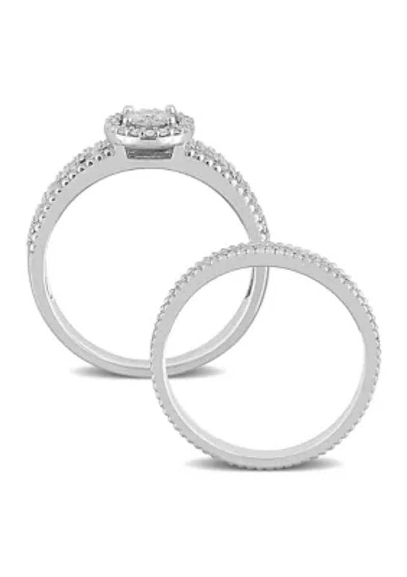 1/3 CT TW Diamond Oval Halo Bridal Set Sterling Silver