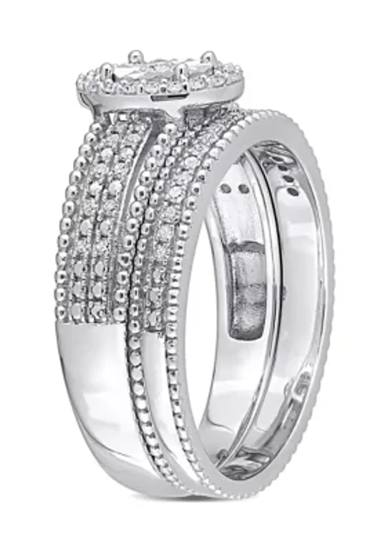 1/3 CT TW Diamond Oval Halo Bridal Set Sterling Silver