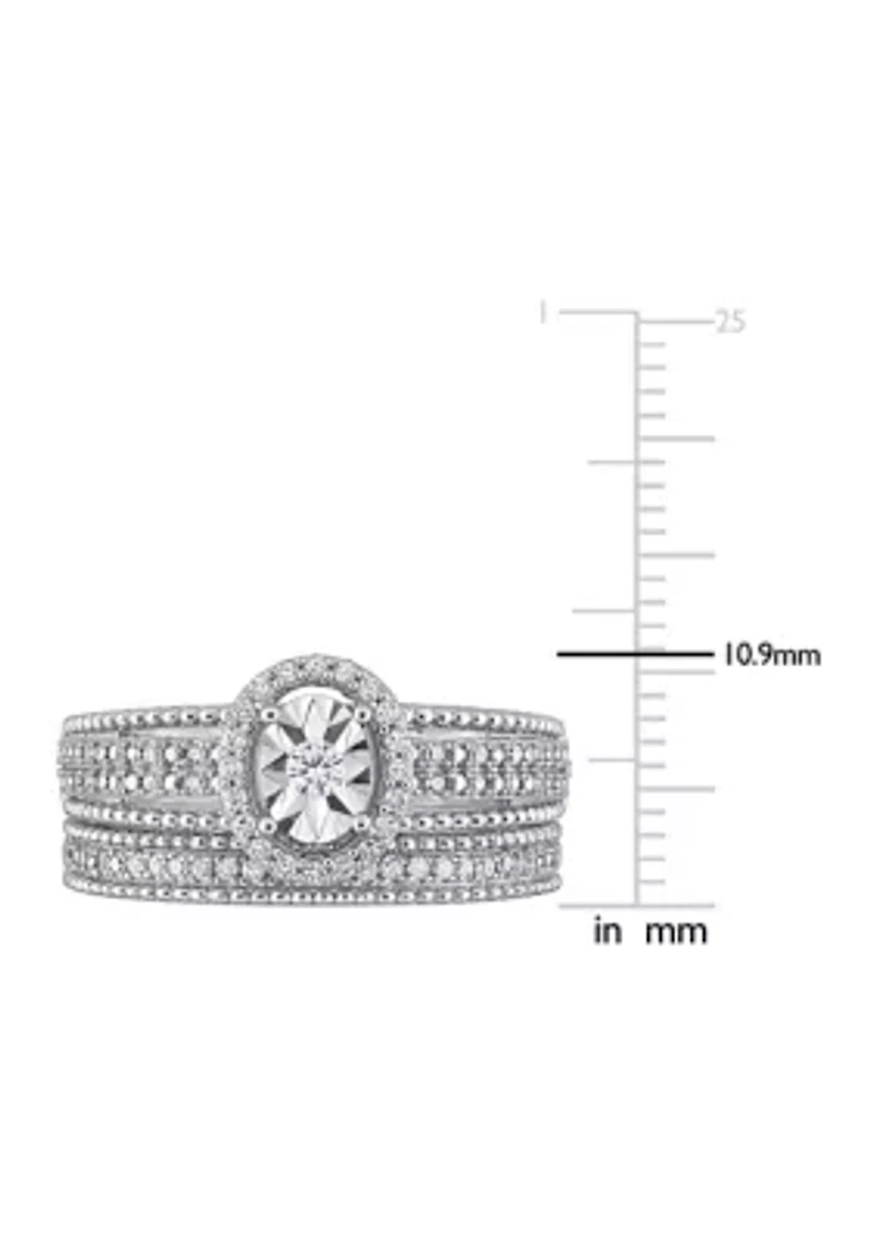 1/3 CT TW Diamond Oval Halo Bridal Set Sterling Silver