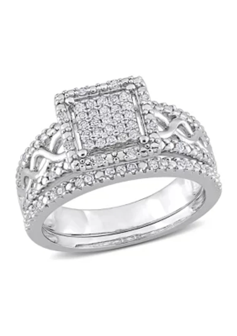 1/3 CT TDW Diamond Square Halo Infinity Bridal Set Sterling Silver