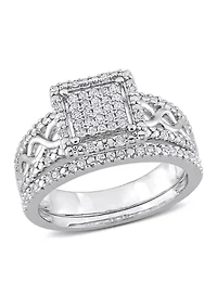 1/3 CT TDW Diamond Square Halo Infinity Bridal Set Sterling Silver
