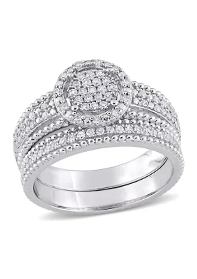 1/3 CT TDW Diamond Cluster Bridal Set Sterling Silver