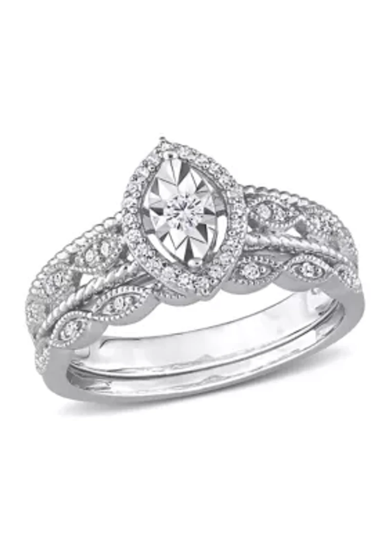 1/5 CT TW Diamond Oval Halo Bridal Ring Set Sterling Silver