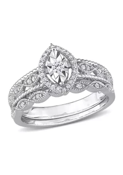 1/5 CT TW Diamond Oval Halo Bridal Ring Set Sterling Silver