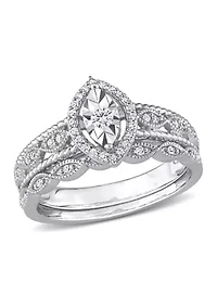 1/5 CT TW Diamond Oval Halo Bridal Ring Set Sterling Silver