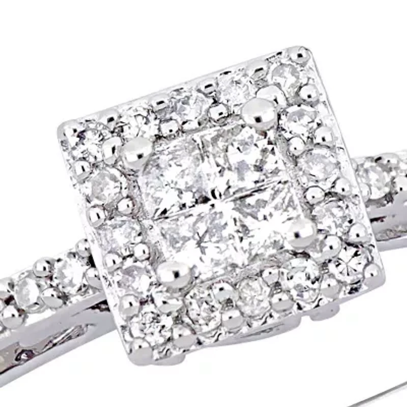 1/5 ct. t.w. Princess Cut Quad and Round Diamond Halo Engagement Ring 10k White Gold