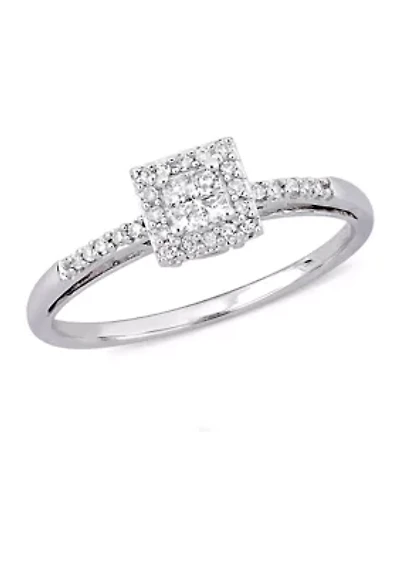 1/5 ct. t.w. Princess Cut Quad and Round Diamond Halo Engagement Ring 10k White Gold