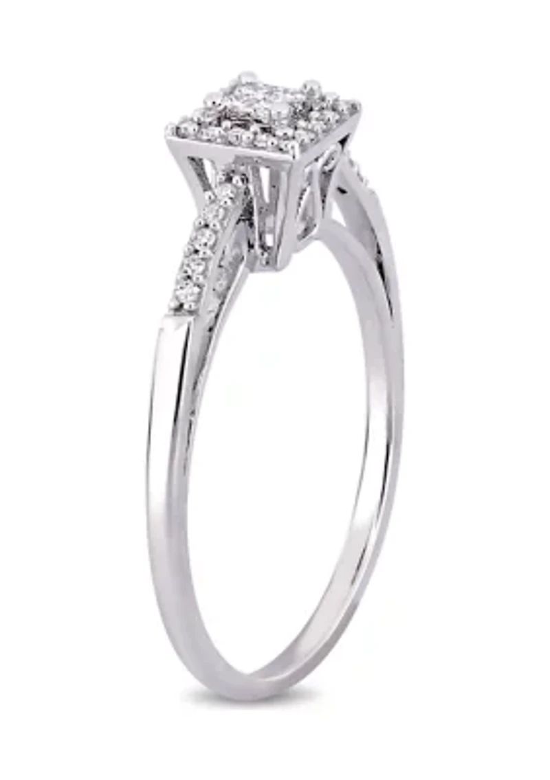 1/5 ct. t.w. Princess Cut Quad and Round Diamond Halo Engagement Ring 10k White Gold