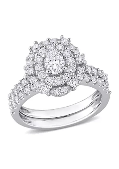 1 1/2 CT TW Oval & Round Diamond Double Halo Cluster Bridal Set 14k White Gold