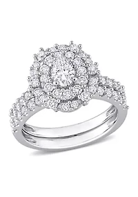 1 1/2 CT TW Oval & Round Diamond Double Halo Cluster Bridal Set 14k White Gold