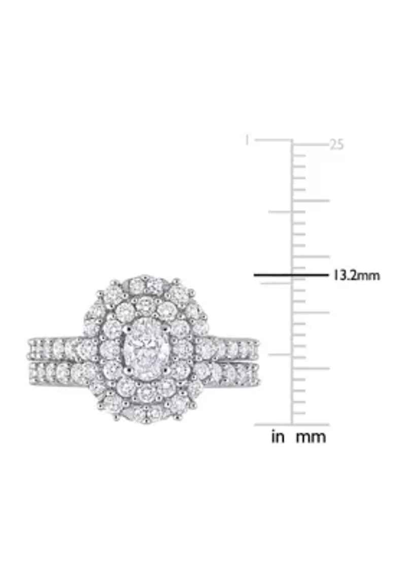1 1/2 CT TW Oval & Round Diamond Double Halo Cluster Bridal Set 14k White Gold